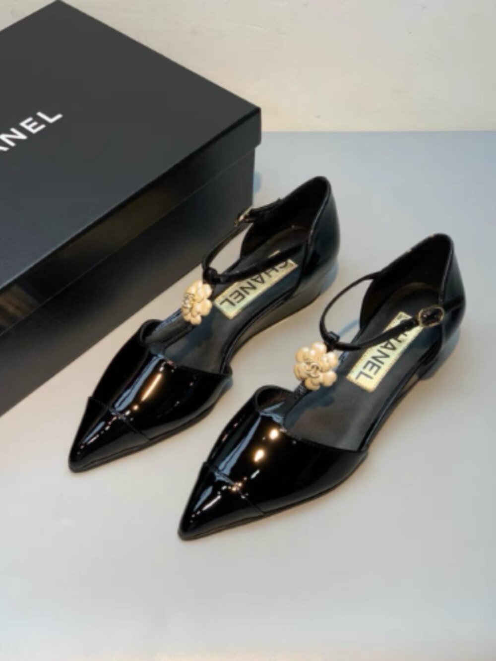 Chanel Black Patent Leather Camellia T-Strap Wedge Sandals